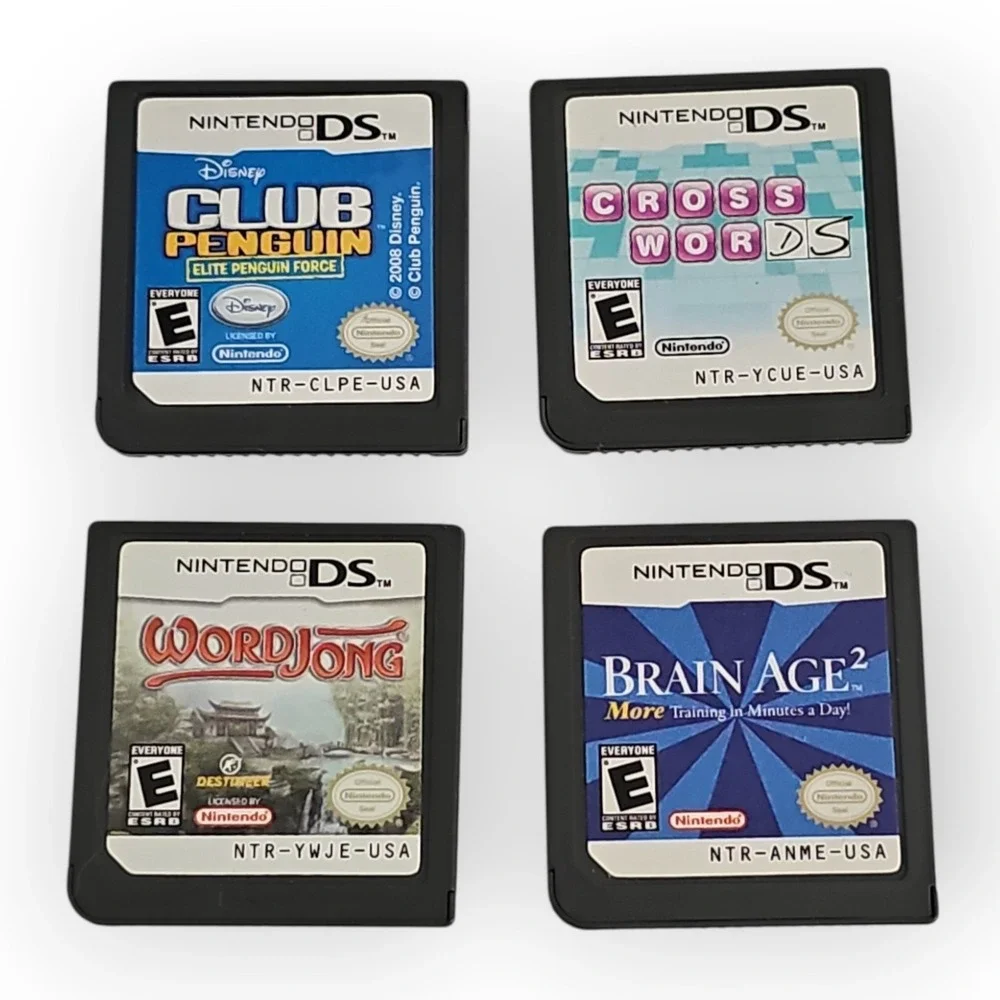 Nintendo DS 4 Game Bundle - Crosswords, Club Penguin, WordJong, Brain‎ Age 2
